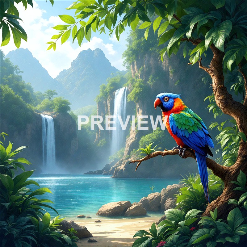 A vibrant, multicolored parrot perched on a tree branch in a lush tropical landscape with waterfalls, mountains, and a clear blue lake.